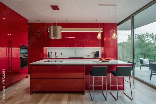 Modern red kitchen with ultra design, sleek and luxurious