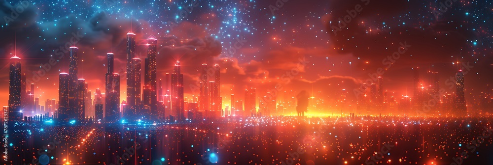 A futuristic, digital cityscape with towering skyscrapers made of glowing data streams and neon lights