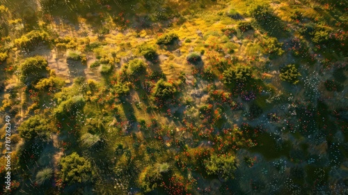 A birds eye view of a grassy area with scattered trees, showcasing the natural landscape and vegetation