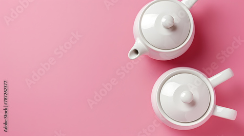 Banner Two white porcelain teapots with a pink lid on a pink background Flat lay Copy space Concept of female health and Breast Cancer Awareness Month : Generative AI