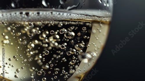 Close-up of a wine glass filled with liquid, showcasing the delicate bubbles and elegance of the drink