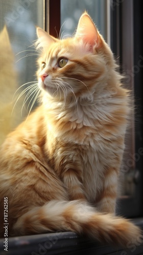 A ginger cat is sitting on a windowsill and looking outside the window