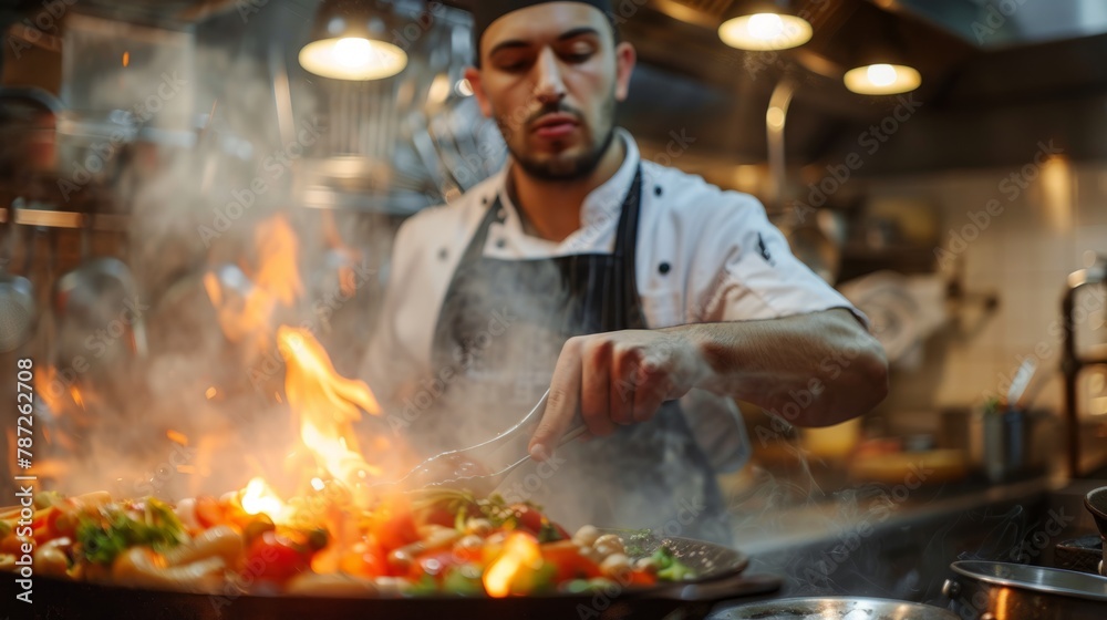 Stir-frying vegetables over a high flame in a large pan Stir-frying vegetables over a high flame in a large pan