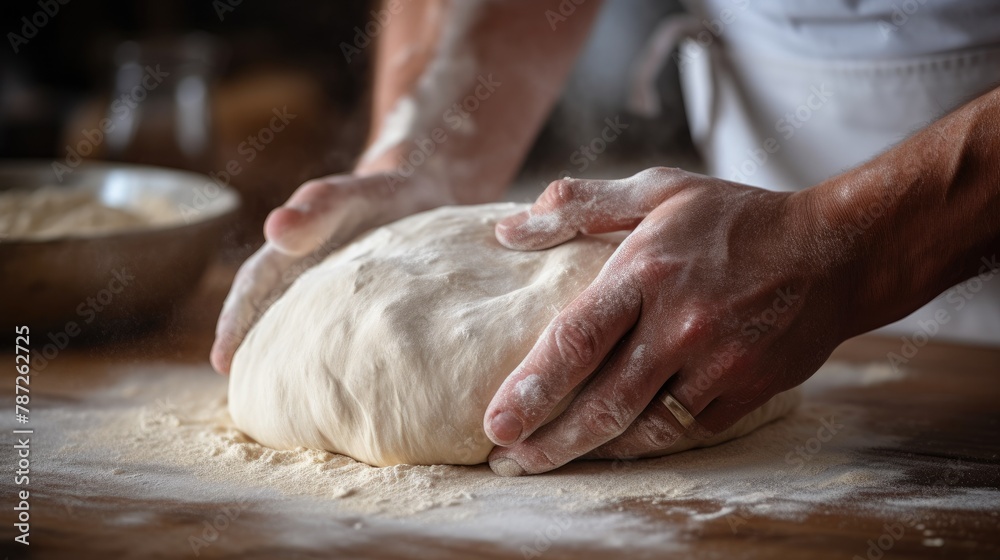 Expert hands shaping dough in kitchen Expert hands shaping dough in kitchen