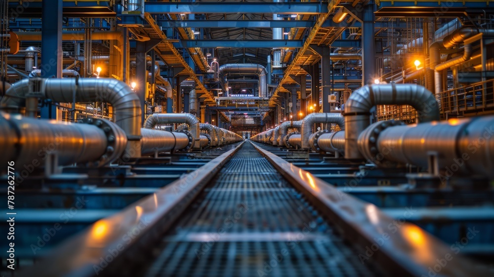 An industrial interior with a long walkway and pipes An industrial interior with a long walkway and pipes