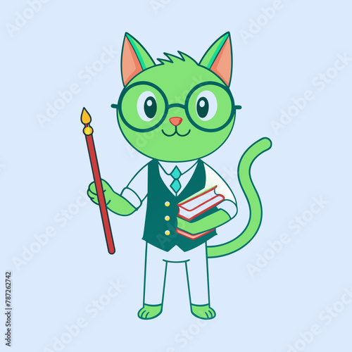 Enlightened Feline Mentor Vibrant Vector Art Depicting a Green Cat Teaching and Inspiring a Student