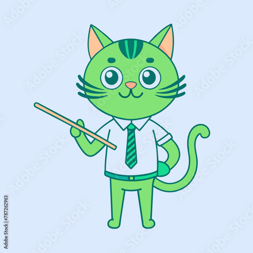 Enlightened Feline Mentor Vibrant Vector Art Depicting a Green Cat Teaching and Inspiring a Student