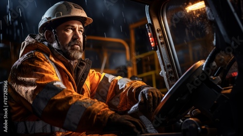 A Bearded Man In A Hard Hat Operates A Heavy Vehicle