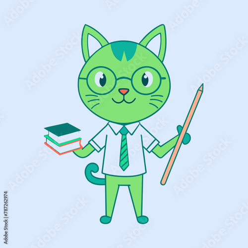 Enlightened Feline Mentor Vibrant Vector Art Depicting a Green Cat Teaching and Inspiring a Student