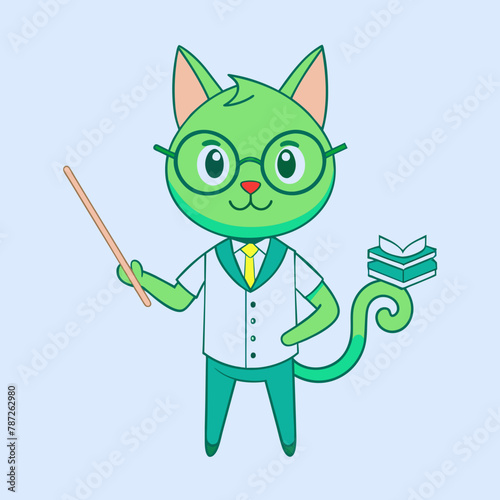 Enlightened Feline Mentor Vibrant Vector Art Depicting a Green Cat Teaching and Inspiring a Student