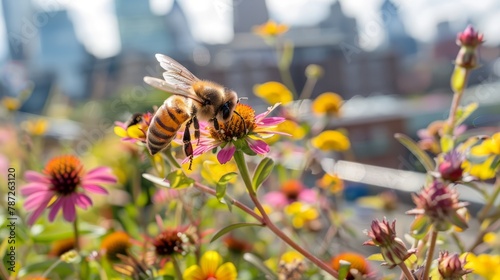 A bee is pollinating a flower with a city visible in the background © Ilia Nesolenyi
