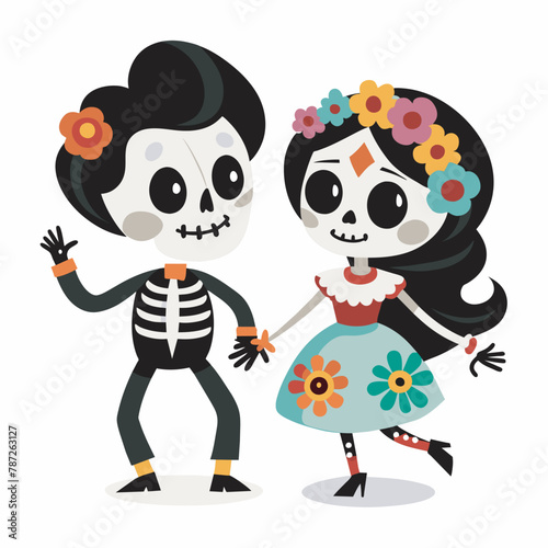 Couple of Mexican skeletons in costumes dance and play music on Day of Dead  Dia de los Muertos