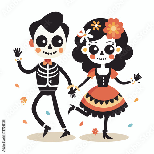 Couple of Mexican skeletons in costumes dance and play music on Day of Dead, Dia de los Muertos