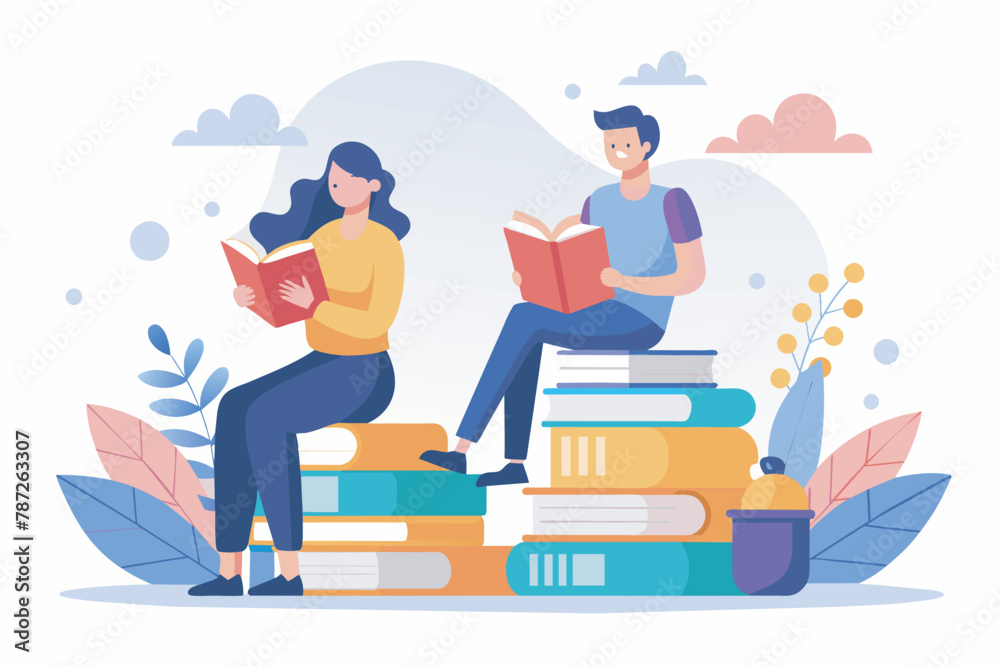 Modern flat vector illustration concept of man and woman reading books, Education concept for banner