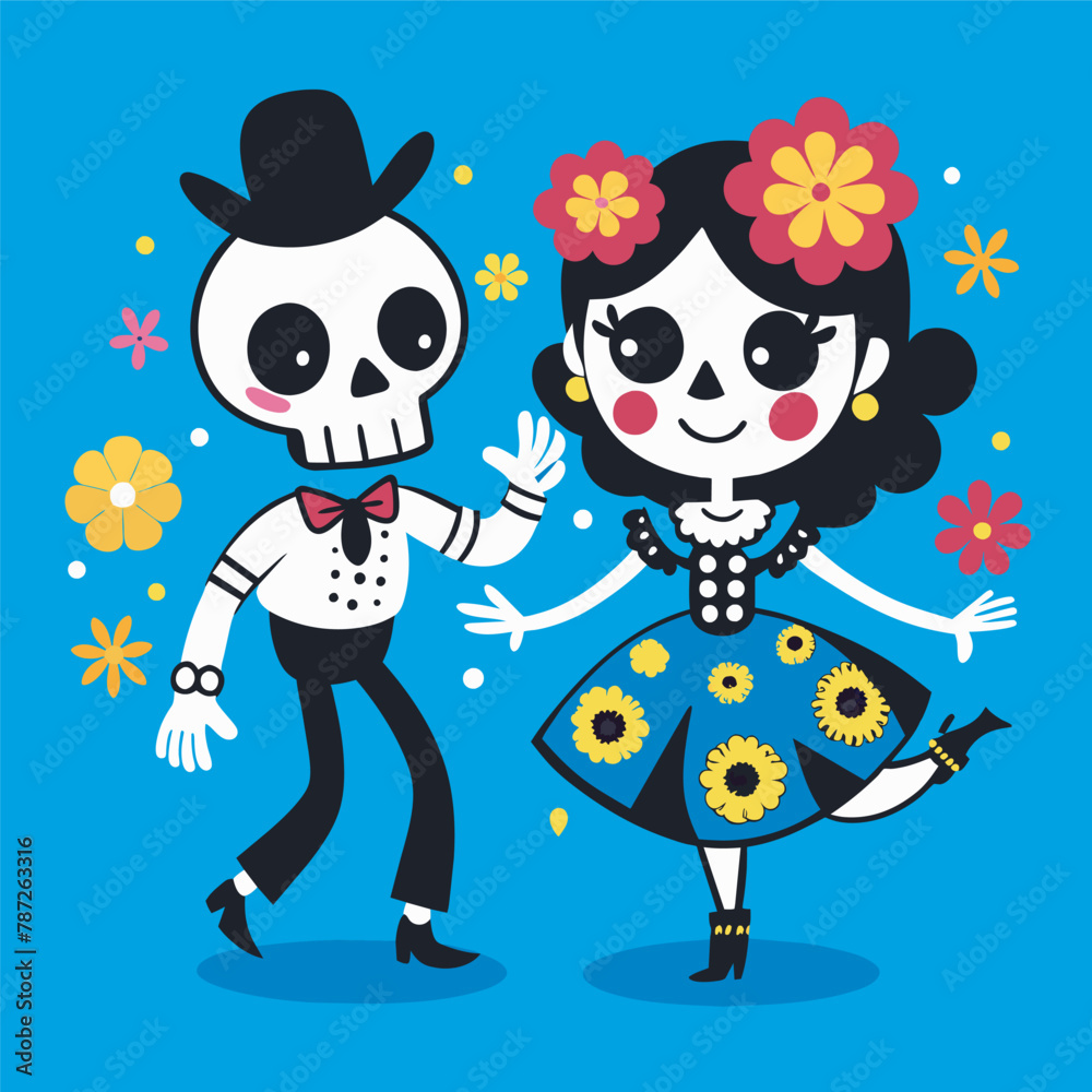Fototapeta premium Couple of Mexican skeletons in costumes dance and play music on Day of Dead, Dia de los Muertos