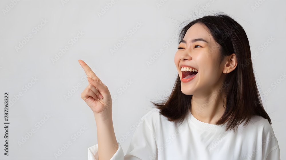 Cheerful excited asian woman use finger pointing to side with product or empty copy space standing over isolated white background Model young girl laughing promotion Advertisement pres : Generative AI Cheerful excited asian woman use finger pointing to side with product or empty copy space standing over isolated white background Model young girl laughing promotion Advertisement pres : Generative AI