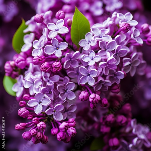 A close-up image of a cluster of purple lilacs with green leaves.