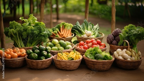 A vibrant collection of baskets filled with a variety of fresh vegetables