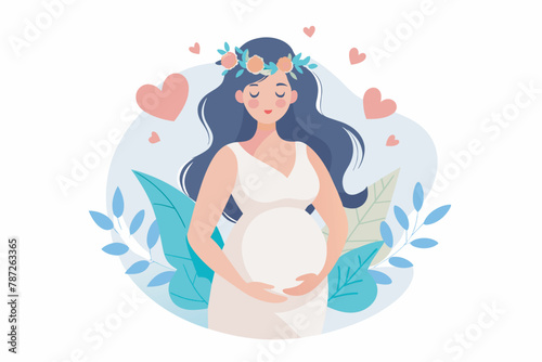 Pregnant woman tenderly holding her belly, Mother Care Positive Emotion isolated on white background