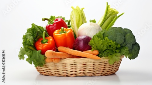 A vibrant assortment of fresh vegetables spilling out of a rustic basket