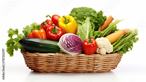 A basket overflowing with a vibrant assortment of fresh vegetables of various shapes, sizes, and colors