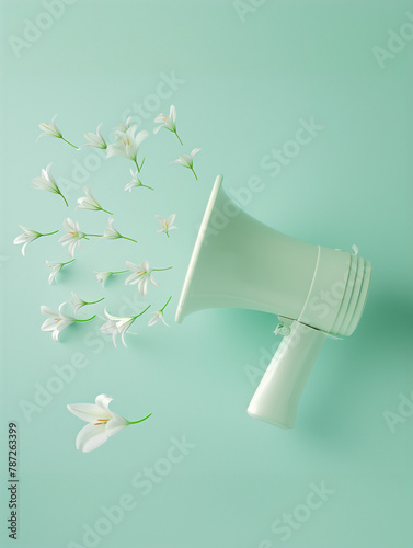 White megaphone on the right side with white flowers flying out of it on pastel green background. Minimal spring concept advertising inspired