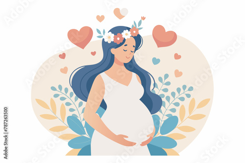 Pregnant woman tenderly holding her belly, Mother Care Positive Emotion isolated on white background