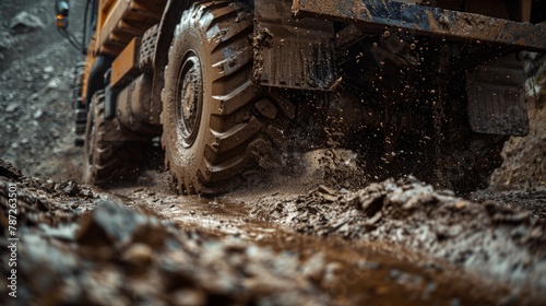 A rugged truck dominates the frame as it drives through a muddy road in this dynamic low-angle shot