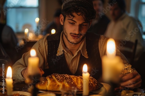 An Orthodox Jewish family enjoys Shabbat dinner. The golden light of burning candles creates a cozy atmosphere. photo