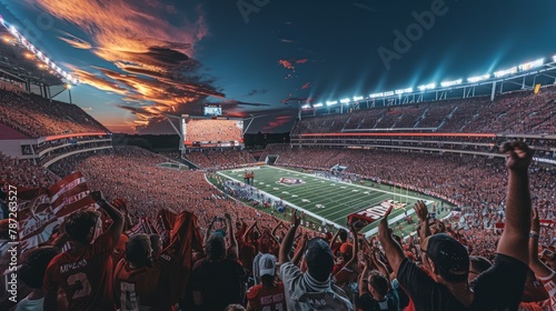 A football stadium vibrantly filled with enthusiastic fans during a college game, creating a lively and energetic atmosphere photo