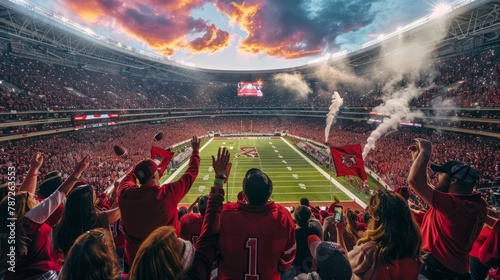 Packed stadium filled with fans watching a college football game, cheering and waving flags in excitement