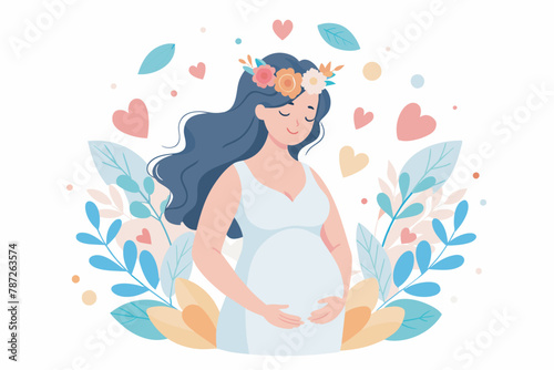 Pregnant woman tenderly holding her belly, Mother Care Positive Emotion isolated on white background