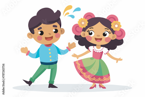 Mexican cute couple traditional costume cartoon boy and girl dance, Couple of Mexican dancers