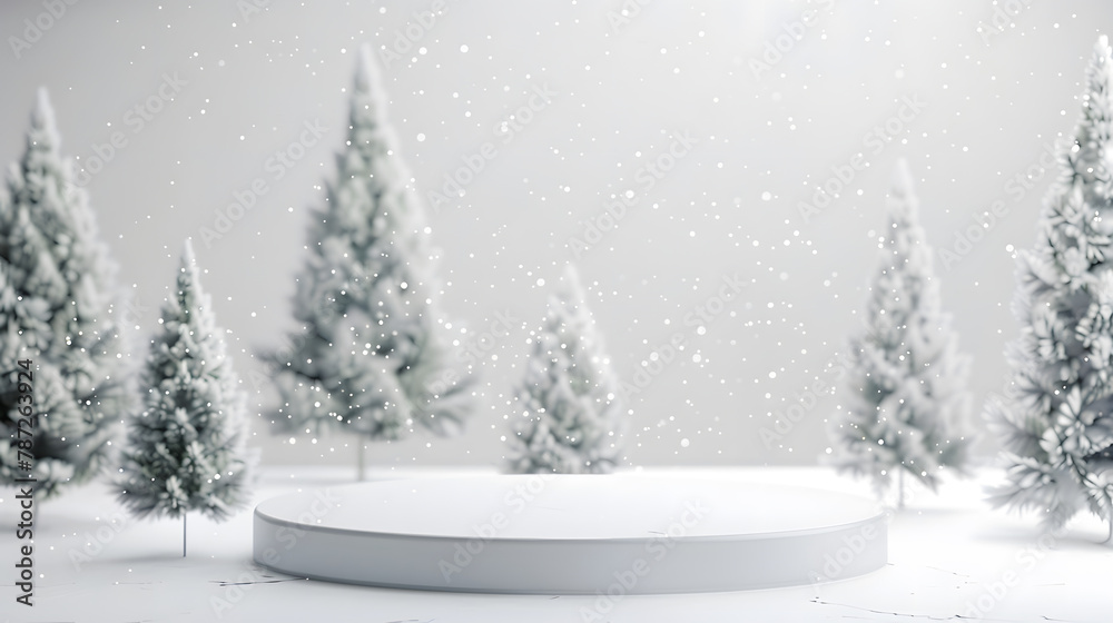 White podium with fir trees and falling snow Display for winter holidays New Year and Christmas product presentation : Generative AI
