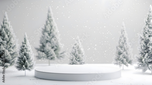 White podium with fir trees and falling snow Display for winter holidays New Year and Christmas product presentation : Generative AI © Generative AI