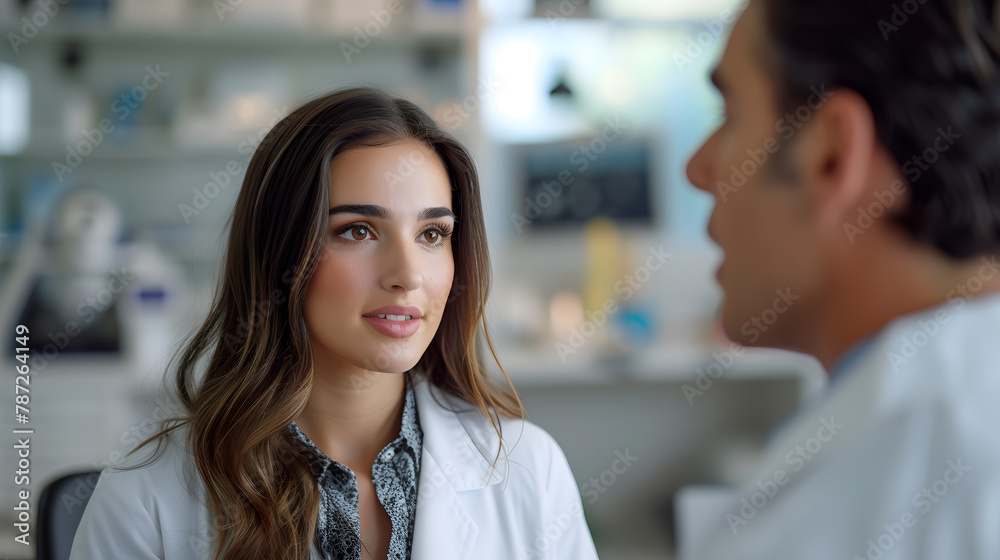 Young female doctor in conversation with male colleague in medical office. Professional healthcare and medical consultation concept for design and education