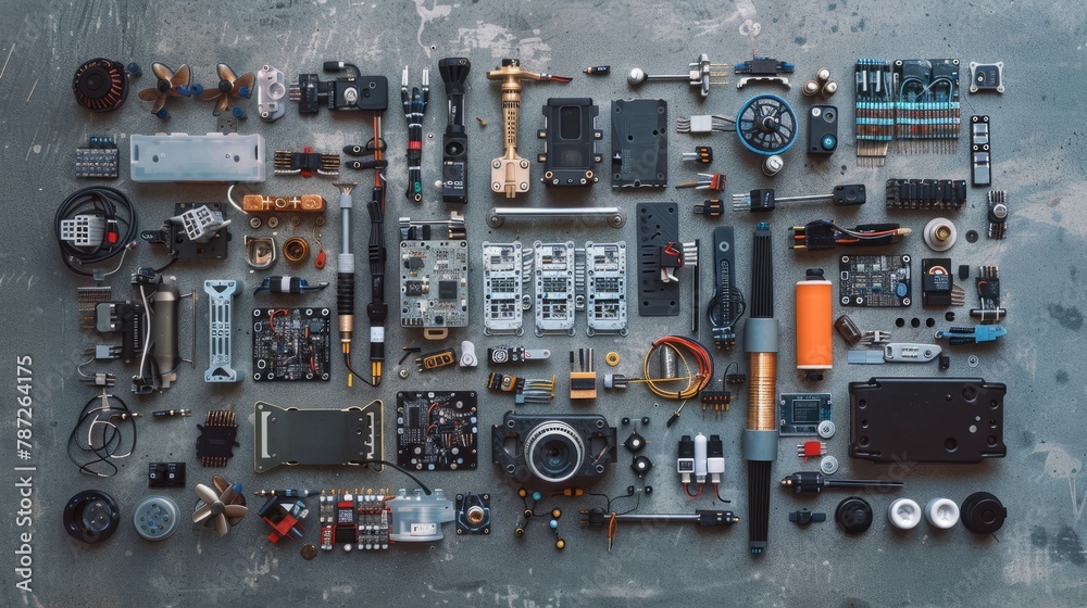 Various components of a disassembled drone neatly organized on a table, showcasing technical intricacies