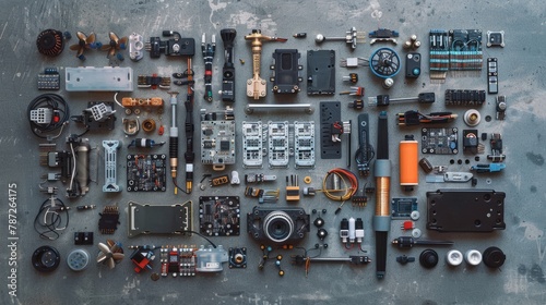 Various components of a disassembled drone neatly organized on a table, showcasing technical intricacies