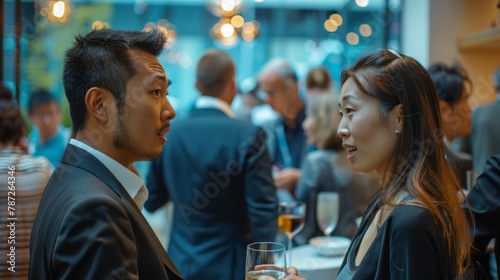 A man and a woman are standing side by side in a networking event with a bustling atmosphere