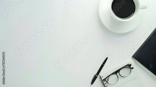 Top view White Office desk with computer Pen eyeglass notebook and cup of coffee copy space Mock up : Generative AI