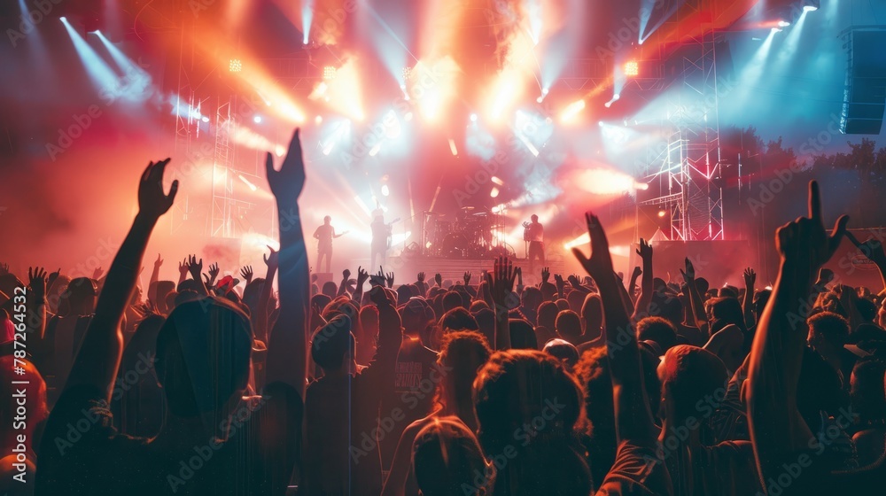 A crowded music festival with people energetically enjoying the concert, raising their hands in excitement