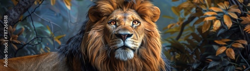 Digital art of a majestic lion  powerful expression  vibrant mane  dynamic background 