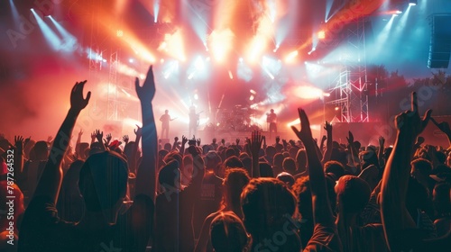 A crowded music festival with people energetically enjoying the concert, raising their hands in excitement