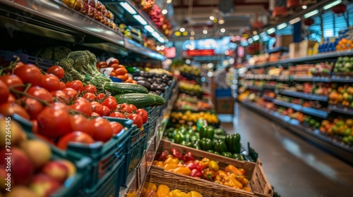 A vibrant grocery store packed with a variety of fresh produce neatly arranged in aisles, showcasing a bustling environment