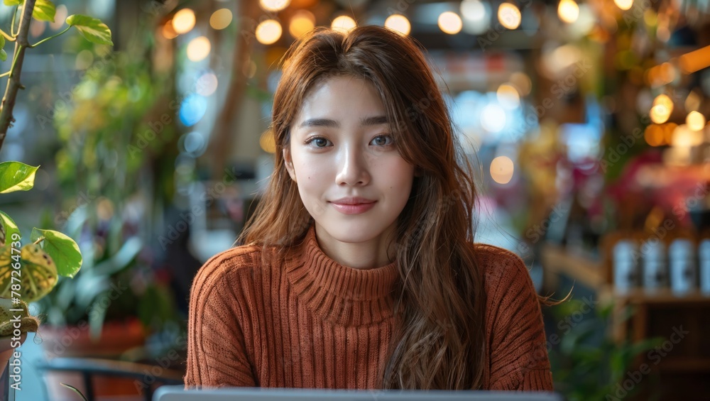 Obraz premium Focused Asian professional in a virtual negotiation from a coffee shop