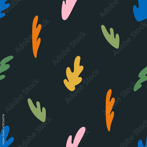 Multicolored leaves on a black background. Seamless pattern for prints. Vector illustration in flat modern style.