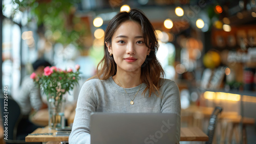 Focused Asian professional in a virtual negotiation from a coffee shop
