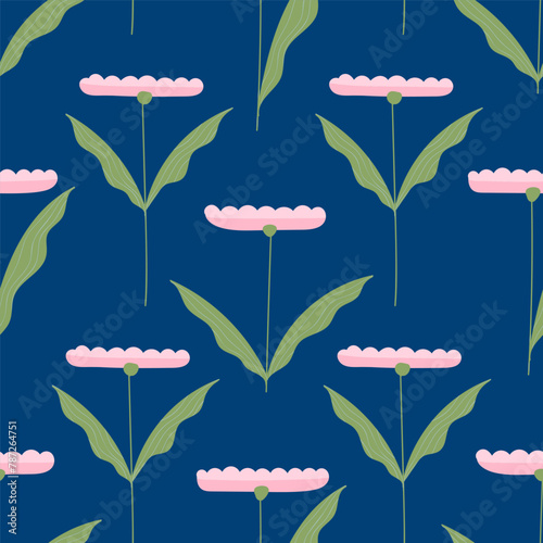Delicate pink flowers on a blue background. Seamless pattern for prints. Groove concept. Vector illustration in flat modern style.