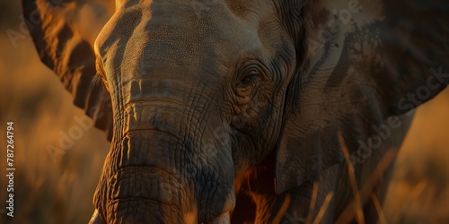 Warm golden light bathes an African elephant in a serene close-up showcasing its majestic wrinkles and calm demeanor photo