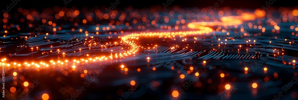 A stylized representation of a circuit board, with data flowing like a river of light through its patterns. 